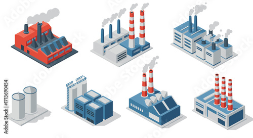 Isometric industrial factories with chimneys and smoke in various designs