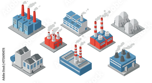 Isometric industrial factories with chimneys emitting smoke