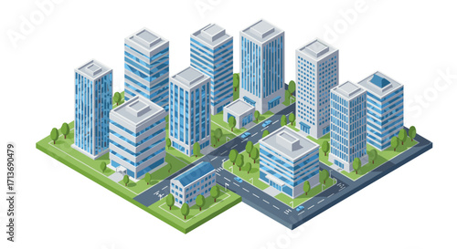 Modern isometric urban skyline with skyscrapers and green spaces