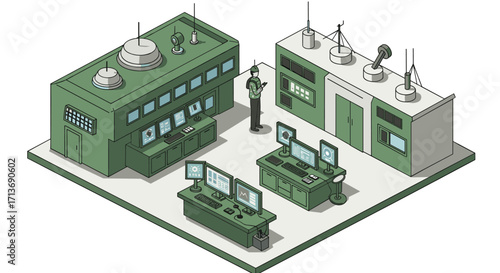 Military command center isometric artistry with tactical consoles and communication