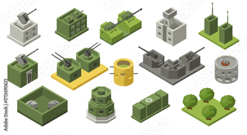 Isometric military structures collection with anti-aircraft guns and radar installations