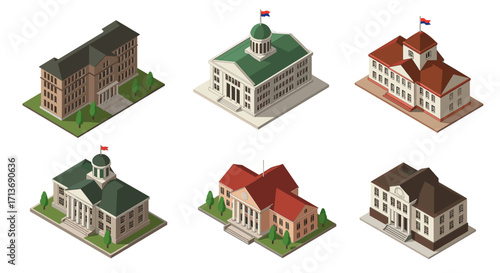 Isometric government building set with flags and varied roof designs