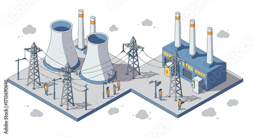Isometric power plant with cooling towers and transmission lines