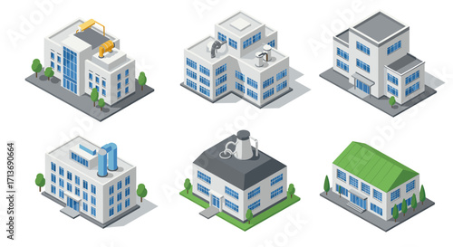 Modern isometric industrial buildings set with varied architectural designs
