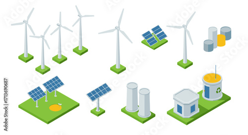 Renewable energy icons featuring solar and wind turbines in isometric design