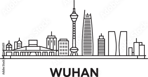 Wuhan Skyline Silhouette Vector Illustration with Cityscape Outline and Modern Urban Architecture