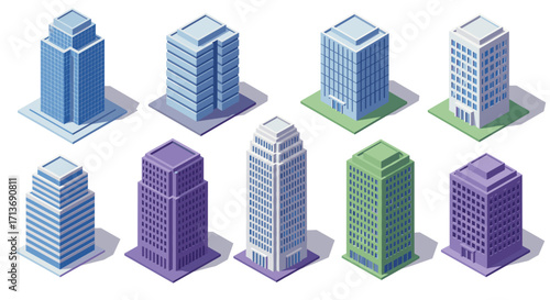 Isometric urban buildings collection with modern architectural designs