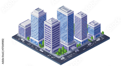 Isometric cityscape with modern skyscrapers and urban streets