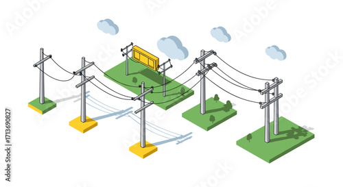 Isometric power lines with utility poles and cloudy sky on green landscape