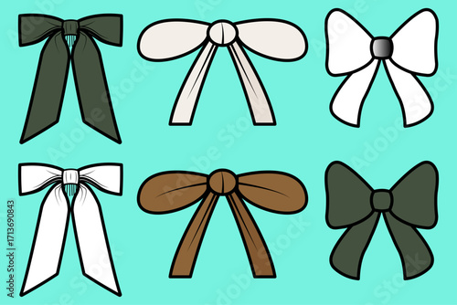 Self-tie Bow and Fabric Bow Colourway Set Fashion Flat Sketch CAD Mockup.