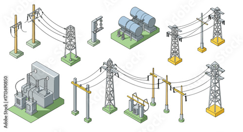 Isometric power line structures and electrical equipment illustration