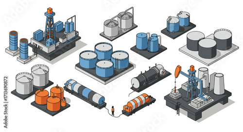 Isometric industrial oil and gas storage facilities with tanks and equipment