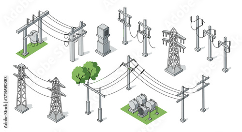 Isometric utility poles and transmission towers set for infrastructure design