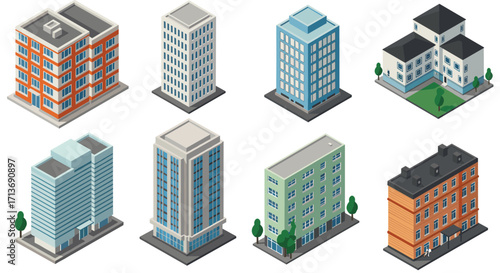Isometric city buildings set showcasing diverse urban architecture