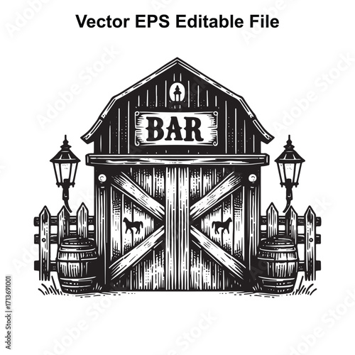 Vector art of vintage barn with a sign that says bar, barrels, and lanterns