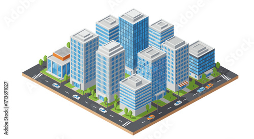 Isometric cityscape with modern skyscrapers and streets