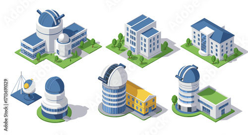 Isometric observatories and modern buildings set with green landscapes