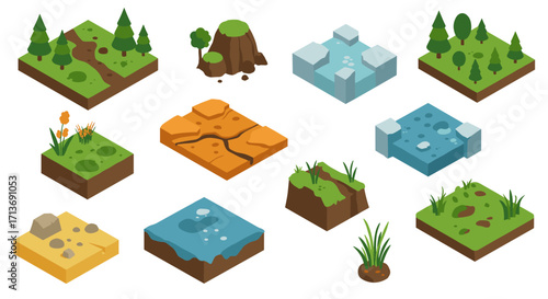Collection of isometric land tiles featuring diverse terrains and ecosystems for game design