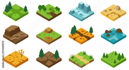Isometric landscape set with various terrains including forest, desert, and mountain
