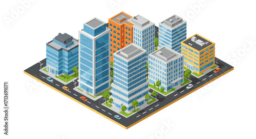 Isometric cityscape with modern high-rise buildings and streets