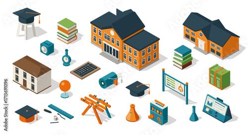 Academic icons set featuring isometric school elements and educational tools