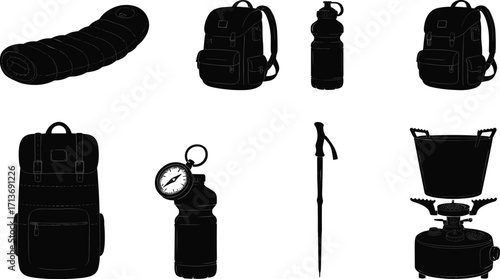 Black Silhouette Vector Set of Camping Gear Including Sleeping Bag, Backpack, Water Bottle, Hiking Pole, Compass, and Camping Stove