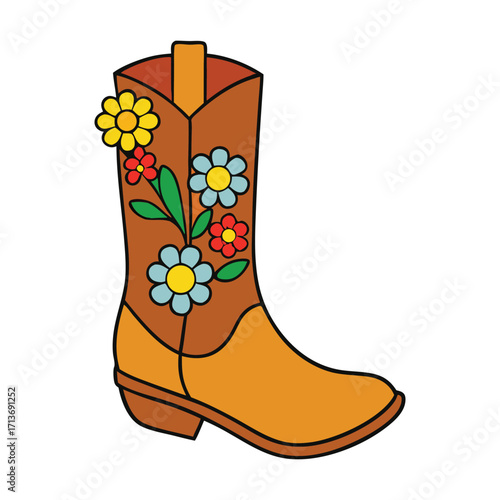 A charming cowboy boot filled with vibrant wildflowers, blending rustic Western style with cheerful, colorful blooms for a playful, nature-inspired look.
