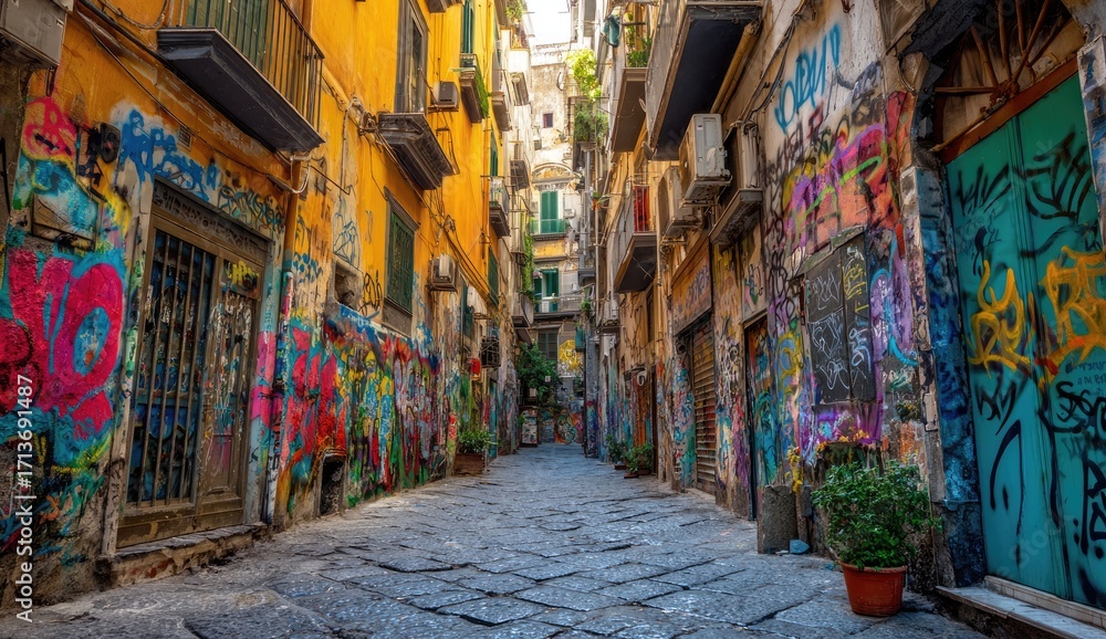 Naklejka premium Narrow alleyway, vibrant graffiti