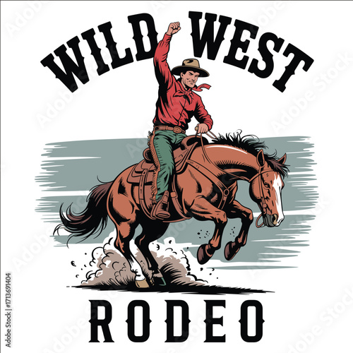 Wild West Cowboy Riding Bucking Horse Rodeo Vintage Western Illustration