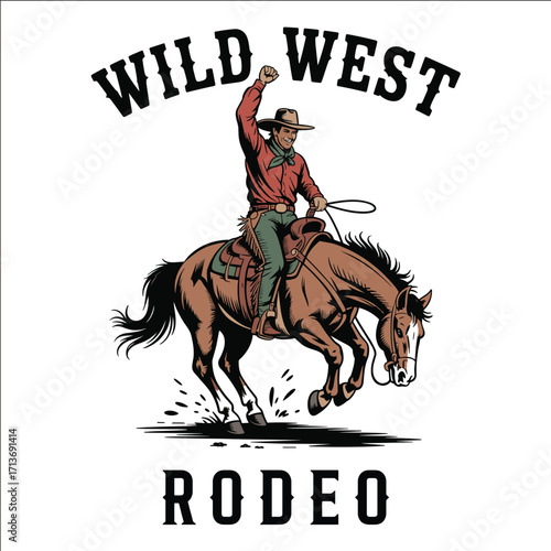 Wild West Cowboy Riding Bucking Horse Rodeo Vintage Western Illustration