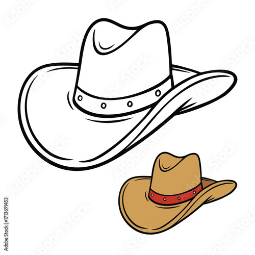 A detailed cowboy hat coloring page featuring a classic western style hat, perfect for creative coloring and adding your own patterns and designs.
