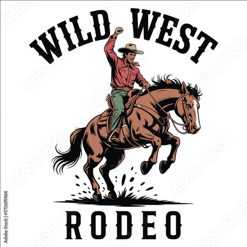 Wild West Cowboy Riding Bucking Horse Rodeo Vintage Western Illustration