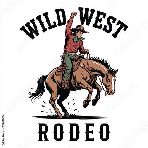 Wild West Cowboy Riding Bucking Horse Rodeo Vintage Western Illustration