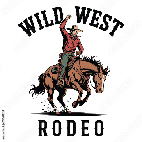 Wild West Cowboy Riding Bucking Horse Rodeo Vintage Western Illustration