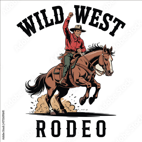 Wild West Cowboy Riding Bucking Horse Rodeo Vintage Western Illustration