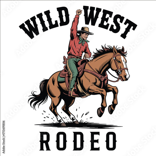 Wild West Cowboy Riding Bucking Horse Rodeo Vintage Western Illustration