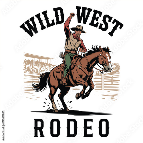 Wild West Cowboy Riding Bucking Horse Rodeo Vintage Western Illustration