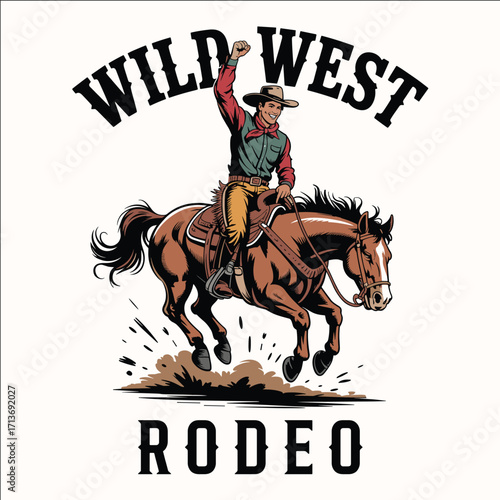Wild West Cowboy Riding Bucking Horse Rodeo Vintage Western Illustration