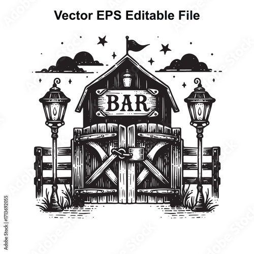 Vector art of vintage barn with a bar sign and two oldfashioned lanterns