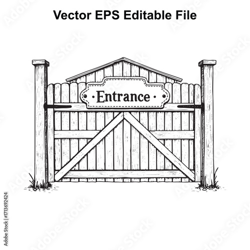 Vector art of rustic wooden entrance gate with sign