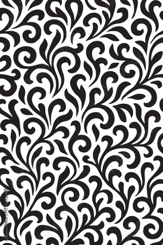 Elegant black swirling floral vine pattern on a white background creating a classic and decorative ornamental motif