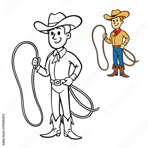 A daring cowboy twirls his lasso rope with skill and flair, ready to rope cattle or tame the wild, captured in a fun, detailed coloring page for all ages.
