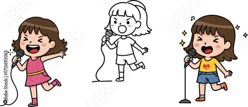 Cartoon girl singing with microphone, music performance, children’s character, musical notes, stage art, entertainment, talent show, kids illustration, joyful expression