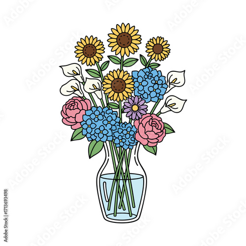 Vibrant Floral Bouquet in Glass Vase: Colorful Sunflowers, Hydrangeas, Roses, and Calla Lilies, Isolated Vector Illustration on Transparent Background