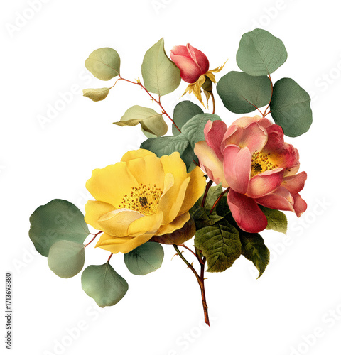 Floral arrangement of yellow and pink roses nature calm isolated on transparent background
