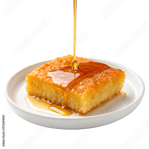 Square Cake Slice Drizzled with Golden Syrup on a White Plate dessert sweet