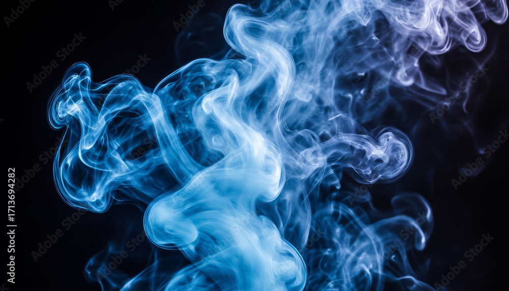 Fototapeta premium Light blue glowing abstract smoke on grainy dark background, ethereal