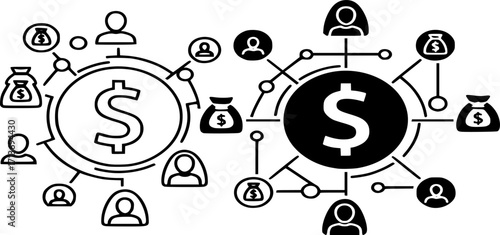 Network Fundraising Icon Vector Illustration. Symbol of peer-to-peer lending, community finance, decentralized funding, or shared investment Outline and Filled style