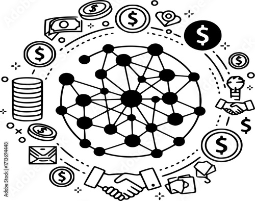 Network Fundraising Icon Vector Illustration. Symbol of peer-to-peer lending, community finance, decentralized funding, or shared investment Outline and Filled style