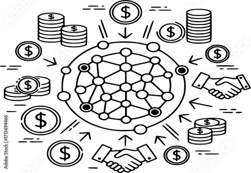 Network Fundraising Icon Vector Illustration. Symbol of peer-to-peer lending, community finance, decentralized funding, or shared investment Outline and Filled style